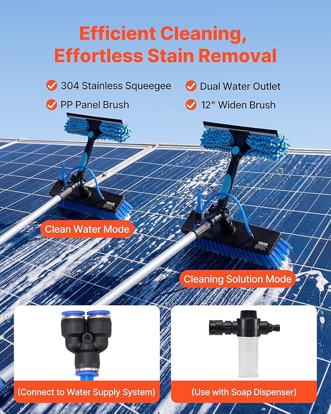 VEVOR Solar Panel Cleaning Kit, 26 ft, Water Fed Pole Kit with Cleaning Brush, Soap Dispenser, Extendable Aluminum Telescopic Pole, 180° Rotatable Brush Head, for Roof Mounted Solar Panels, Windows