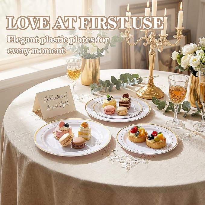 I00000 102 Pieces Gold Plastic Plates, Disposable Party Plates White Gold Rim, 51 Disposable Gold Dinner Plates 10.25 Inch and 51 Disposable Dessert Appetizer Elegant Fancy Wedding Plates 7.5 Inch