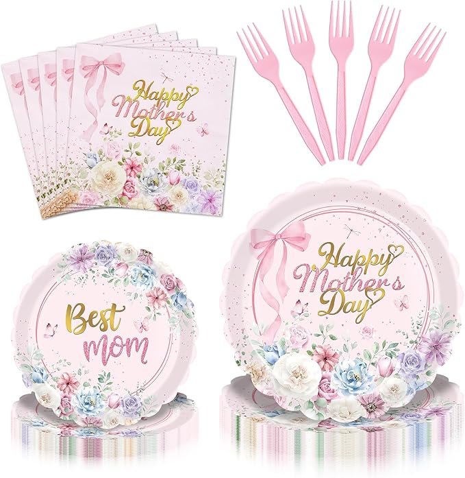 Gistome 96 Pieces Mother’s Day Floral Tableware Set – Pink Scalloped Disposable Plates, Napkins and Forks for Mother’s Day Party, Brunch, Tea Party, and Spring Celebrations – Serves 24 Guests