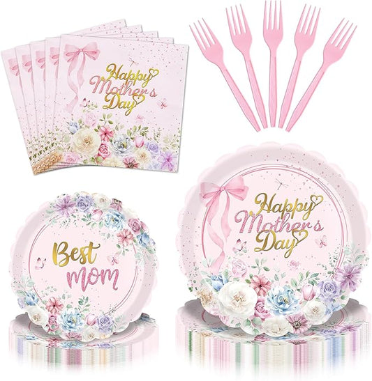 Gistome 96 Pieces Mother’s Day Floral Tableware Set – Pink Scalloped Disposable Plates, Napkins and Forks for Mother’s Day Party, Brunch, Tea Party, and Spring Celebrations – Serves 24 Guests