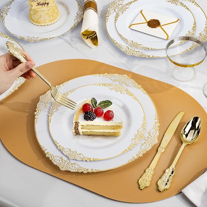 Bestluck 700PCS Gold Plastic Plates for 100 Guests, Disposable Dinnerware Sets Include 200 Gold Rim Plastic Plates, 100 Silverwares, 100 Cups, and 100 Pre Rolled Napkins for Party, Wedding, Graduation
