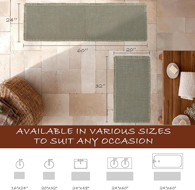 DWCN Set of 2 Waffle Bathroom Mats, Non Slip Bath Rug Set for Bathroom Floor, Super Absorbent Shower Mats for Tub, Washable Kitchen Rugs for Farmhouse Style, 20" x 32" Plus 24" x 60", Olive Green