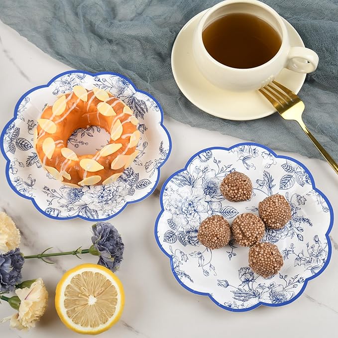 24 Pcs Blue Floral Party Plates 7" Vintage Floral Leaf Disposable Paper Plates Wildflower Blue Toile Small Scalloped Dessert Plates for Birthday Bridal Garden Tea Time Party Supplies