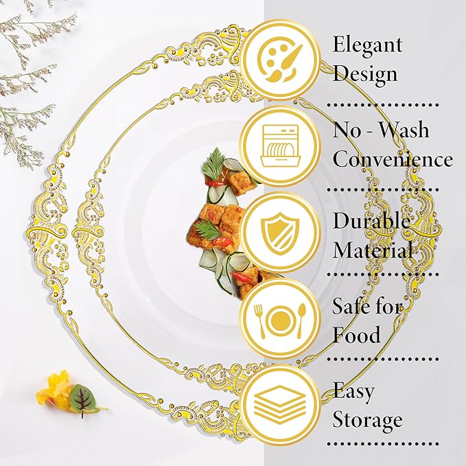 Nervure 350PCS Clear Gold Plastic Plates - Gold Plastic Dinnerware Sets for 50 Guests - 100 Disposable Plates, 150 Silverware, 50 Cups, 50 Napkins for Wedding & Party