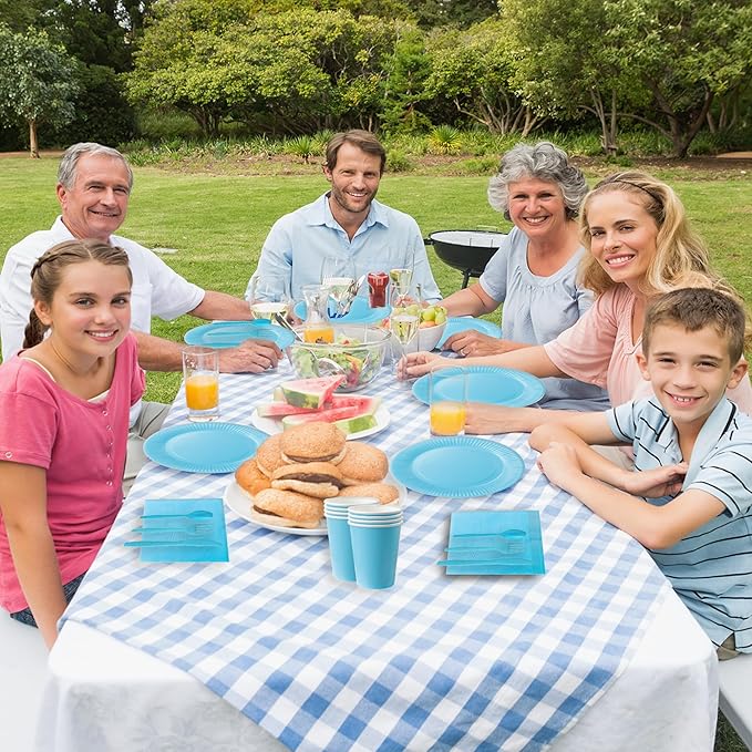 210-Piece Disposable Light Blue Paper Plates Party Supplies - Party Plates, Cups, And Napkins Sets, Light Blue Plastic Silverware, Serves 30 People