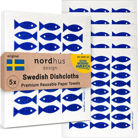 Nordhus Design Swedish Dishcloths,5 Fish Cloths, Made in Sweden - Reusable, Washable Cellulose Cotton Kitchen Cloths - Replace Paper Towels, Wipes, Sponges, Dish Rags
