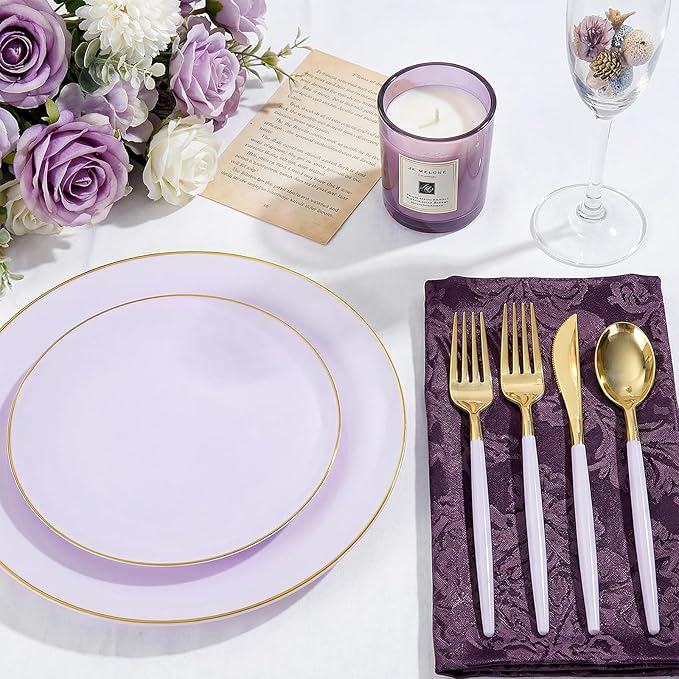 DaYammi 150Pcs Purple Plastic Plates with Gold Rim,Disposable Plastic Plates Include 30 Dinner Plate,30 Salad Plate,30 Forks,30 Spoons,30 Knive,Purple Disposable Platos for Party Wedding Bridal Shower