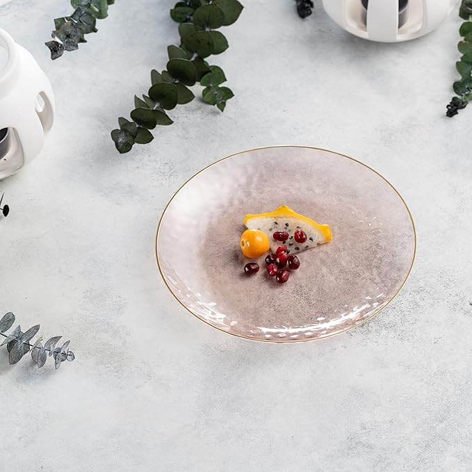 PLASTICPRO 30 Pack Hammered Plastic Plates Heavyweight Disposable Plastic Plates Elegant Clear Hammered Rim Platsic Party Dishes (Rose With Gold Rim, 7'' INCH PLATES)