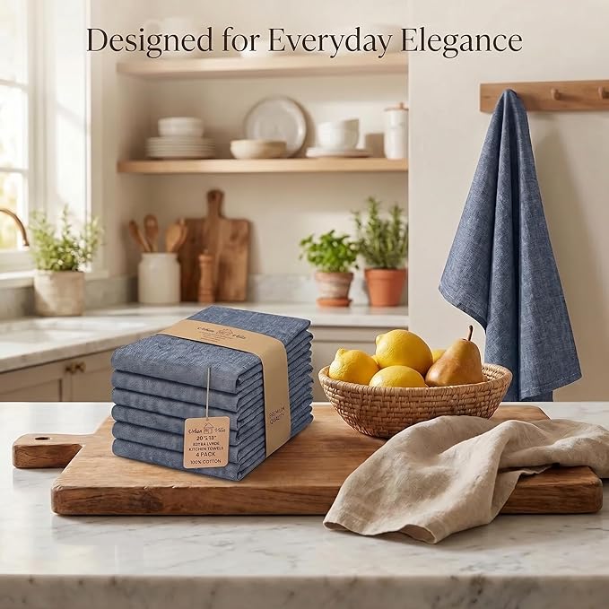 Urban Villa Kitchen Towels Premium Quality 100% Cotton Solid Kitchen Towels Set of 6 Ultra Soft Size 20X30 Inches Chambray Black/White Color Kitchen Towel Highly Absorbent Kitchen Towels