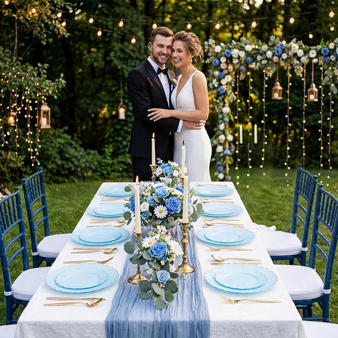LIYH 120 Pcs Baby Blue Plastic Plates with Gold Edge - Disposable Light Blue Scalloped Baby Shower Plastic Plates Includes 60 Dinner Plate 10.25" & 60 Dessert Plate 7.5" for Party Birthday