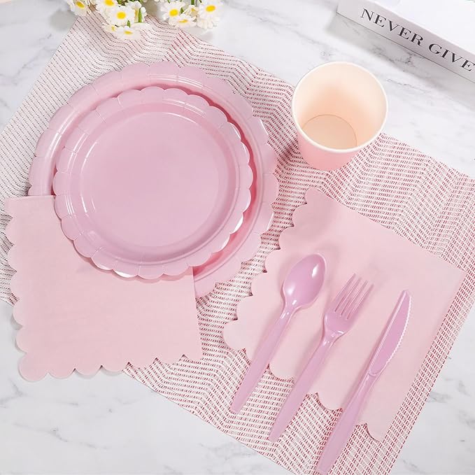 350 Pcs Pink Paper Plates and Napkins, Pink Party Decorations Include Paper Plates Napkins Cups Plastic Cutlery for Girls Birthday, Baby Bridal Shower, Wedding