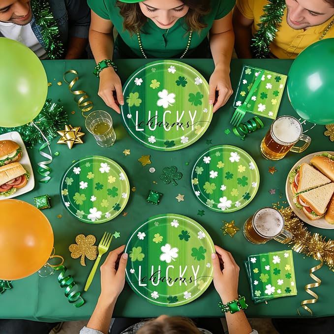 96 Pieces St. Patrick's Day Lucky Plates and Napkins Party Supplies, Vintage Green Shamrock Disposable Tableware with Paper Plates, Napkins, and Forks for Irish Festival Party Decorations - Serves 24