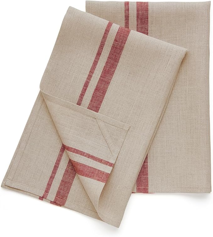 Solino Home Red and Natural Linen Kitchen Towels Set of 2-100% Pure Linen 17 x 26 Inch French Stripe Tea Towels with Hanging Loop - European Flax Kitchen Dish Cloth - Quick Dry & Machine Washable