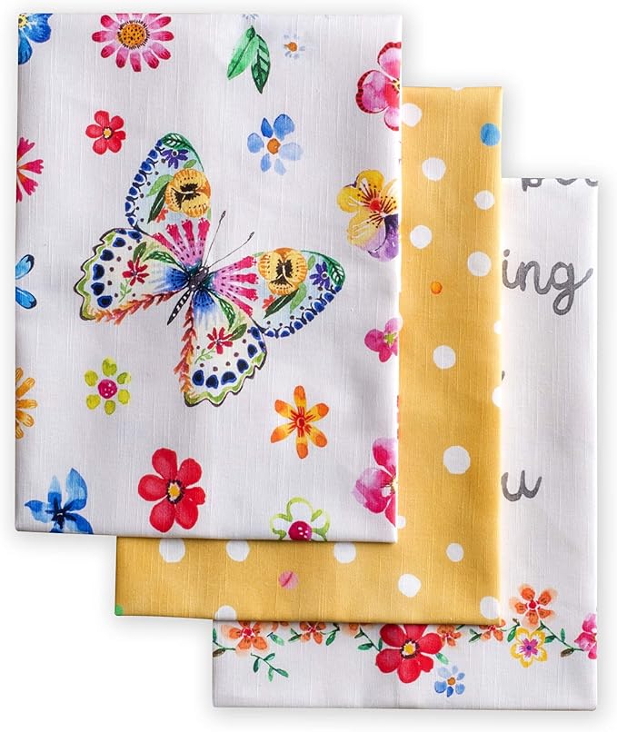 Maison d' Hermine Kitchen Towels Set of 3 100% Cotton 27.50" x 20" Reusable Cloth Dish Towels Absorbent with Hanging Loop for Kitchen Farmhouse Hotel Spring Summer - Happy Florals - Sweety