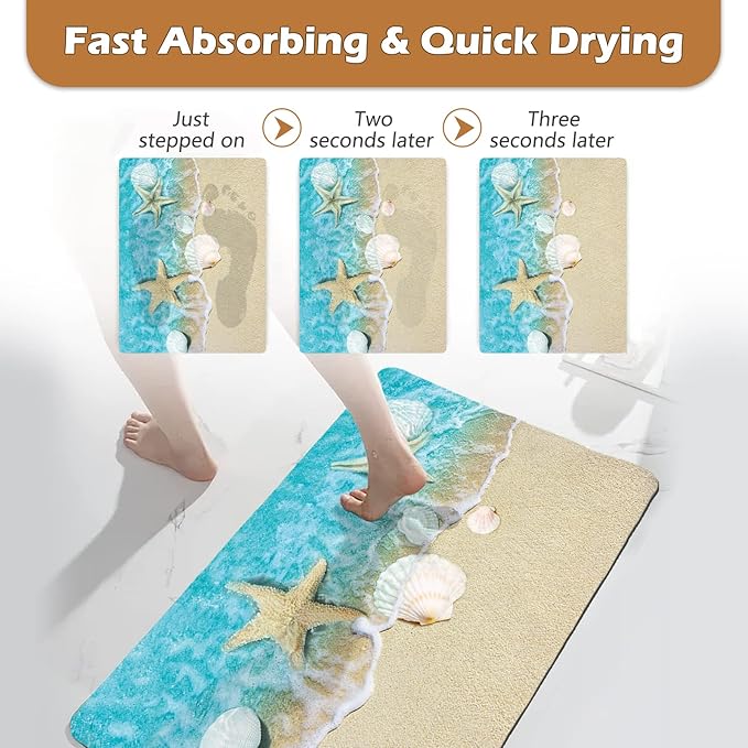 APROPHIC Bathroom Rugs Quick Dry Bath Mat, Super Absorbent Bath Rug, Washable Bathroom mats Non Silp Rubber Backing, Coastal Beach Theme Seashells Starfish Shower Mat for Bathroom Tub, Sink 20x30 in