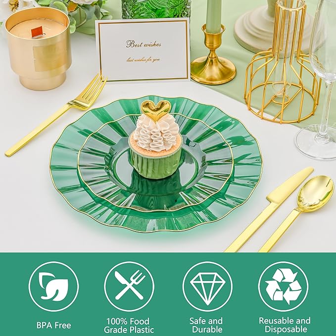 60pcs Green Plastic Plates with Gold Rim, Clear and Gold Plate, Green Diposable Plates Include 30 Dinner & 30 Dessert Plate for Party Wedding