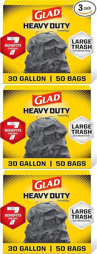 Glad Large 30 Gallon Trash Bags,Unscented Heavy Duty Garbage Bags,Forceflex with Drawstring,(Packaging May Vary), 50 Count (Pack of 150)