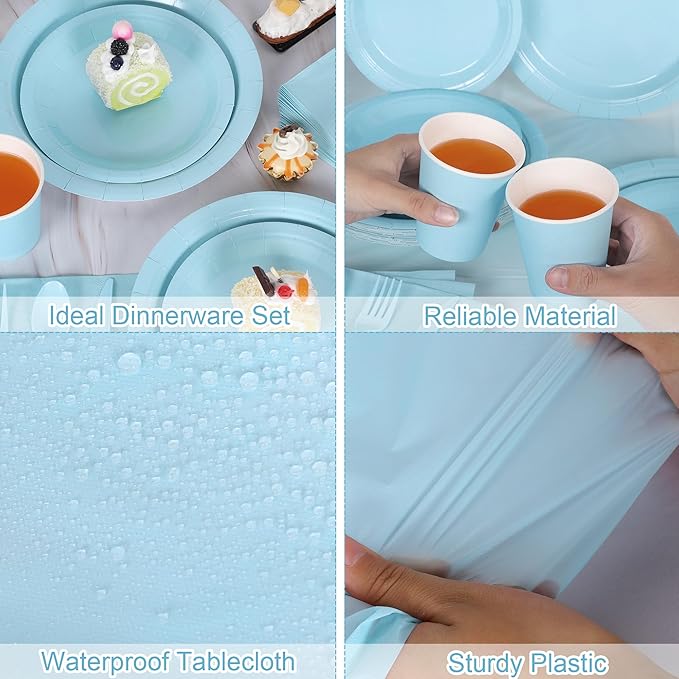 Kochorie 169 Pieces Light Blue Party Supplies Disposable Dinnerware Set Include Plates and Cups Napkins Plastic Forks Knives Spoons Tablecloth for Wedding Birthday Party Decorations, Serve 24 Guests
