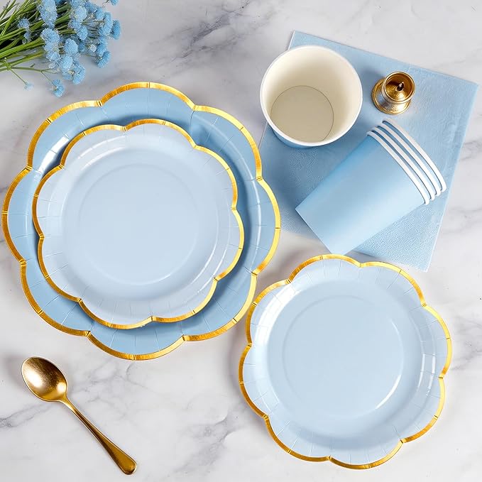 350Pcs Blue Paper Plates and Napkins Party Supplies,Scalloped Party Plates Cups Napkins, Graduation Light Blue Disposable Plates with Gold Rim for Party Birthday Baby Shower Gender Reveal Picnic, 50