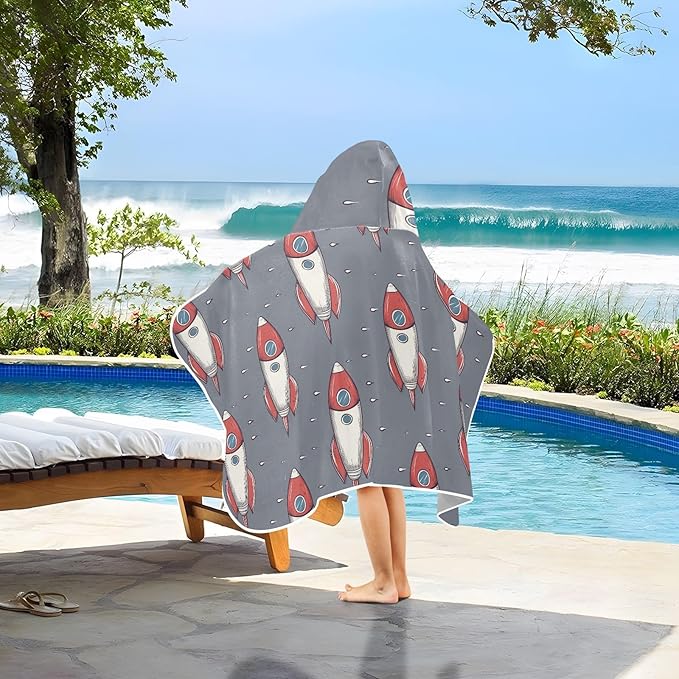 Hooded Beach Towel for Kids Cartoon Space Rockets Gray Hooded Beach Bath Towel Soft Toddler Towels