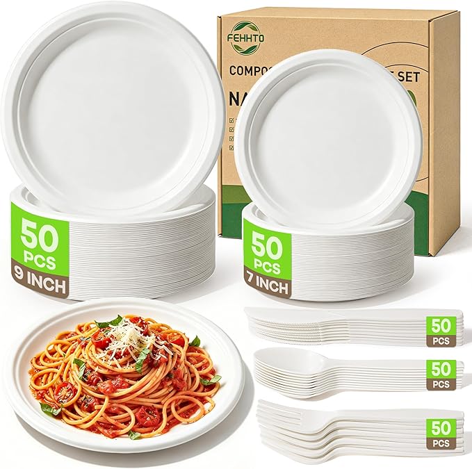 250PCS Disposable Paper Plates Set and Utensils, Compostable Dinnerware 9 and 7inch Plates, Biodegradable Paper Plates, Forks, Knives and Spoons for Party 50 People