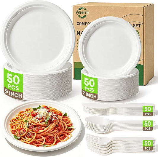 250PCS Disposable Paper Plates Set and Utensils, Compostable Dinnerware 9 and 7inch Plates, Biodegradable Paper Plates, Forks, Knives and Spoons for Party 50 People