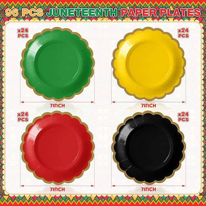 96 Pcs Red Green Yellow Black Paper Plates 7 Inch Scalloped Juneteenth African American Festival Disposable Dessert Plates for Black History Month Bridal Wedding Birthday Party Supplies
