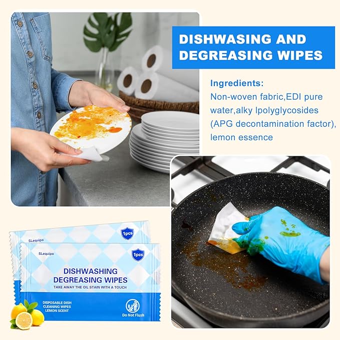 50 Pcs Dish Cleaning Wipes Individually Wrapped Travel Dish Soap Wipes,Portable Cleaning Wipes Disposable Wipes for Kitchen Outdoor Traveling Camping Quick Clean,Lemon Scent