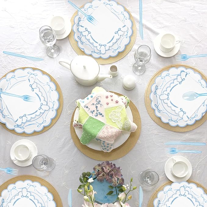 JarThenaAMCS 175Pcs Blue Bow Party Supplies Kit Scalloped Bowknot Tableware Set Disposable Dinnerware Paper Napkin Plate Cup Spoon Fork Knife for 25 Guests Party Favor