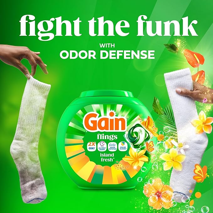 Gain Flings Liquid Washing Detergent Pacs with Odor Defense + Color Guard, Island Fresh Scent, 4-In-1 Liquid Laundry Detergent Pods, Clean & Fresh, 60 Count (Packaging May Vary)