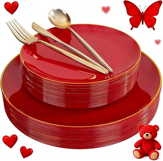 I00000 150Pcs Red Plastic Plates with Gold Rim,Fancy Plastic Plates,Nice Disposable Plates Set include 30 Dinner Plate,30 Dessert Plate, 90 plastic Silverware Set for Valentine's Day