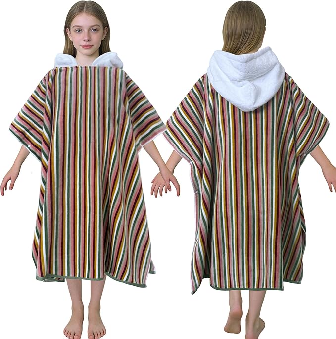 VOOVA & MOVAS Hooded Poncho Towel for Teens Unisex 100% Cotton Vintage Premium Beach Outdoor Bath Cover Up Multicolor Retro Stripe