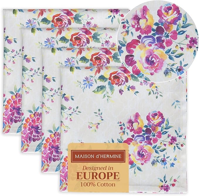 Maison d' Hermine 100% Cotton Cloth Napkins Set of 4 Everyday Reusable Square Napkins Cloth Washable Dinner Party Wedding Restaurant Hotel Kitchen Spring Summer (Rose Garden, 20" x 20")