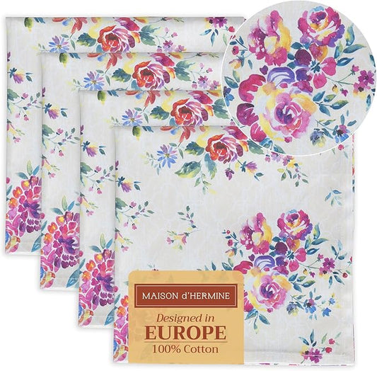 Maison d' Hermine 100% Cotton Cloth Napkins Set of 4 Everyday Reusable Square Napkins Cloth Washable Dinner Party Wedding Restaurant Hotel Kitchen Spring Summer (Rose Garden, 20" x 20")