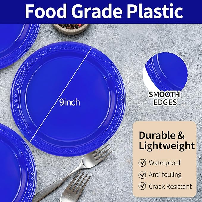 50-Pack Royal Blue Plastic Plates, 9 Inch Disposable Party Plates Dinner Plates for BBQ Picnic Birthday Party Supplies (Royal Blue, 9 Inch)
