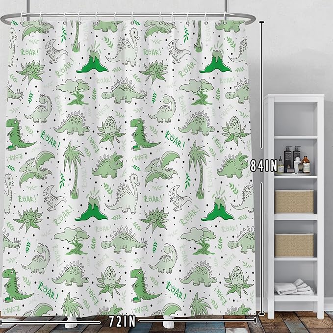 Baocicoo Cute Cartoon Dinosaur Shower Curtain Sets Green Animals Plants Bath Curtain for Boys Girls Bathroom Decorations Polyester Fabric Waterproof Curtains for Bathroom with Hooks 72x84 Inches