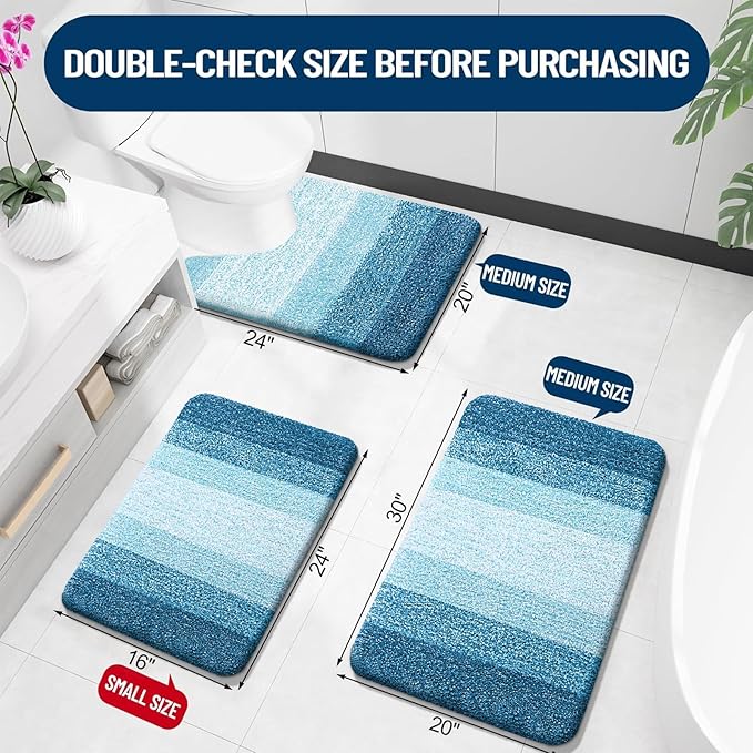OLANLY Bathroom Rugs Sets 3 Piece, Soft Absorbent Microfiber Bath Mats and U-Shaped Contour Toilet Rug, Plush Shaggy Bath Mat Set for Bathroom (30"x20"+24"x16"+24"x20", Peacock Blue)