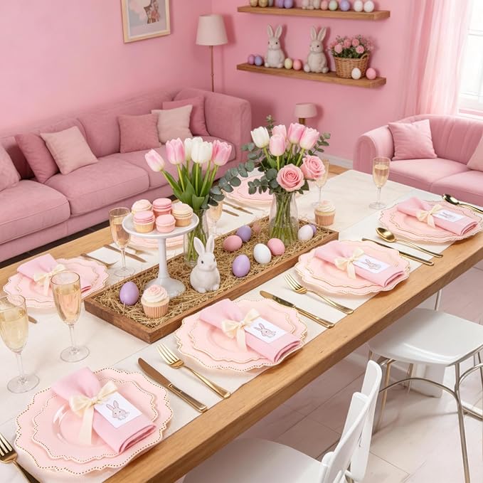 COLOSUS 60Pcs Pink and Gold Plastic Plates Set, Gold Pink Disposable Party Plates, 30pcs Dinner Plates and 30pcs Salad/Dessert Plates for Wedding, Party, Anniversary, Daily Use,Valentine's Day