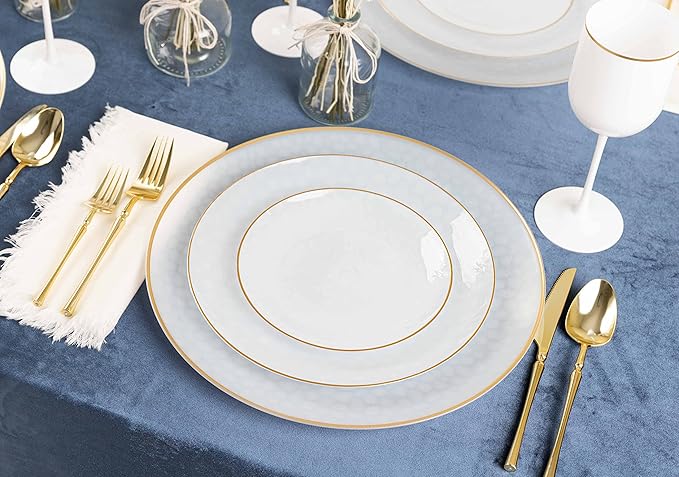 PLASTICPRO 30 Pack Hammered Plastic Plates Heavyweight Disposable Plastic Plates Elegant Transparent White With Gold Rim Platsic Party Dishes (Transparent White With Gold Rim, 9'' INCH PLATES)
