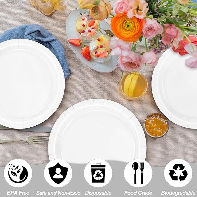 QZYL 50 Round White Party Plates Pack, 9 Inch Disposable Paper Plates for Daily Meals, Picnics, Camping, Birthdays, Weddings, Christmas