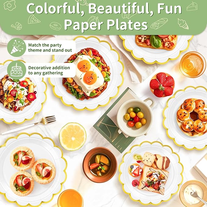 50 Pcs White Paper Plates, 25 Pcs 9" and 25 Pcs 7" Disposable White Scalloped Plates with Gold Foil for Graduation Wedding Baby Shower Birthday Party Picnic BBQ