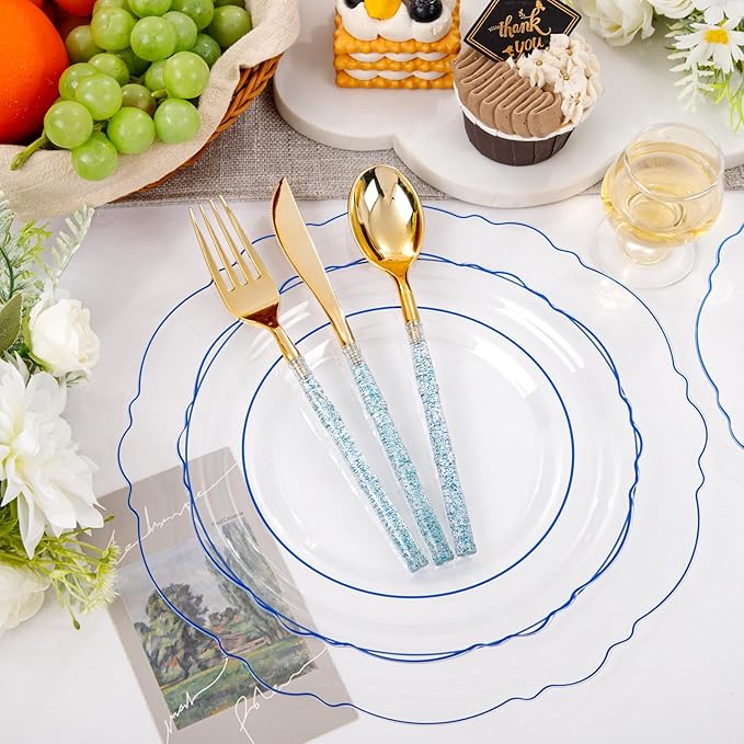Liacere 150PCS Clear and Blue Plastic Plates-Clear and Blue Disposable Plates with Glitter Bamboo Handle Cutlery-60 Baroque Elegant Plates, 30 Forks, 30 Spoons, 30 Knives for Wedding&Party&Mothers Day