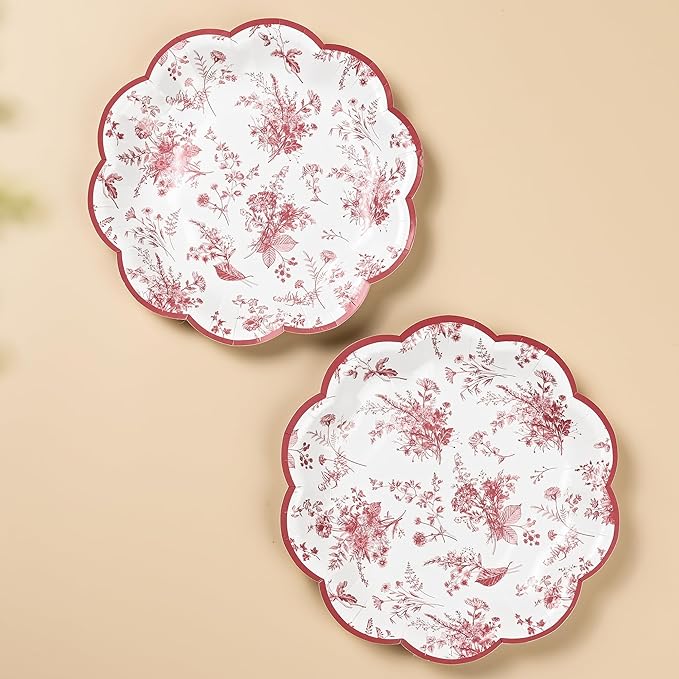 48Pcs Red Floral Party Plates Vintage Floral Leaf Disposable Paper Plate Wildflower Red Toile 7" Scalloped Rim Dessert Plates for Christmas Birthday Bridal Tea Party Supplies