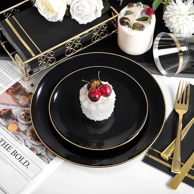 NOCCUR 350PCS Black and Gold Plastic Plates - Black Disposable Dinnerware Set for 50 Guests, 100 Dinner/Dessert Plates, 150 Gold Silverware, 50 Cups&50 Napkins for Party/Birthday/Graduation