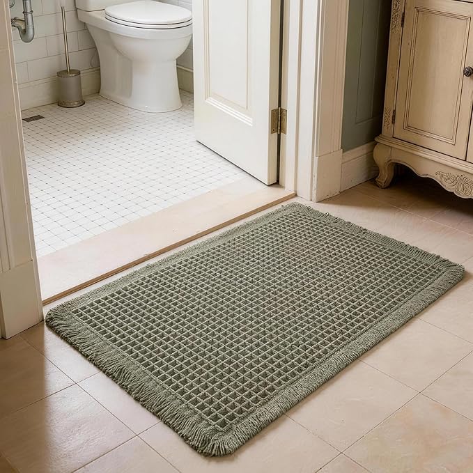 Waffle Bathroom Rugs, Non Slip Absorbent Waffle Knit Bath Mat for Shower Floor, Tub and Bathroom Door, Ultra Soft Quick Dry, Olive Green, 17''x24''