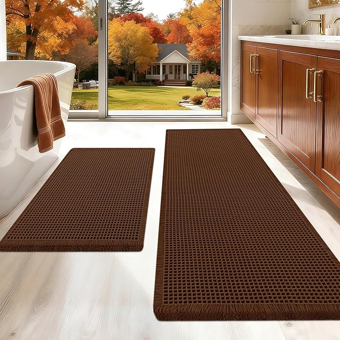 Upgraded Waffle Bath Mat Set 2 Piece Brown, Super Absorbent Non-Slip Quick Dry Bathroom Rugs with Tassels, Machine Washable Ultra Soft Boho Bath Rugs for Floor, Toilet Mats Boho Farmhouse Decor