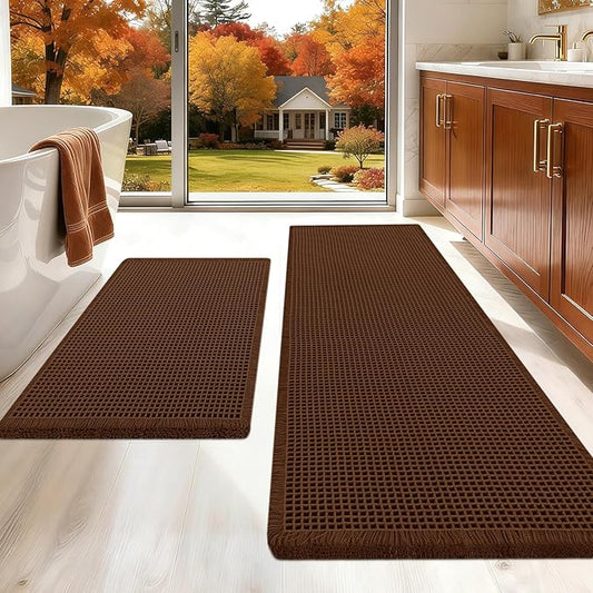Upgraded Waffle Bath Mat Set 2 Piece Brown, Super Absorbent Non-Slip Quick Dry Bathroom Rugs with Tassels, Machine Washable Ultra Soft Boho Bath Rugs for Floor, Toilet Mats Boho Farmhouse Decor