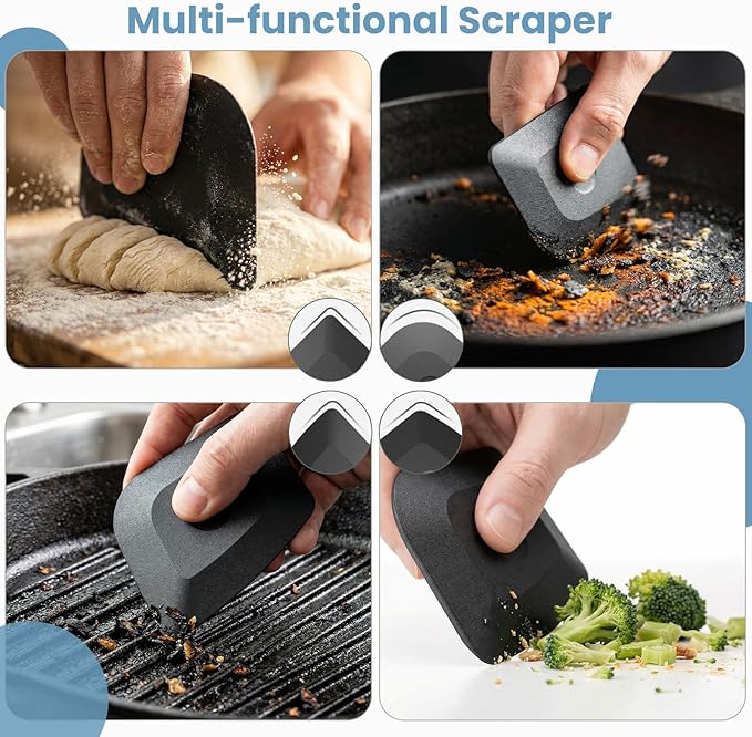 Cast Iron Scrubber with Long Handle | 316 Cast Iron Cleaner Chainmail Scrubber for Pan Skillet Cleaner - Dish Scouring Pad Dishwasher Safe Cleaning Kit (Blue, 1 Scrubber + 1 Scraper)