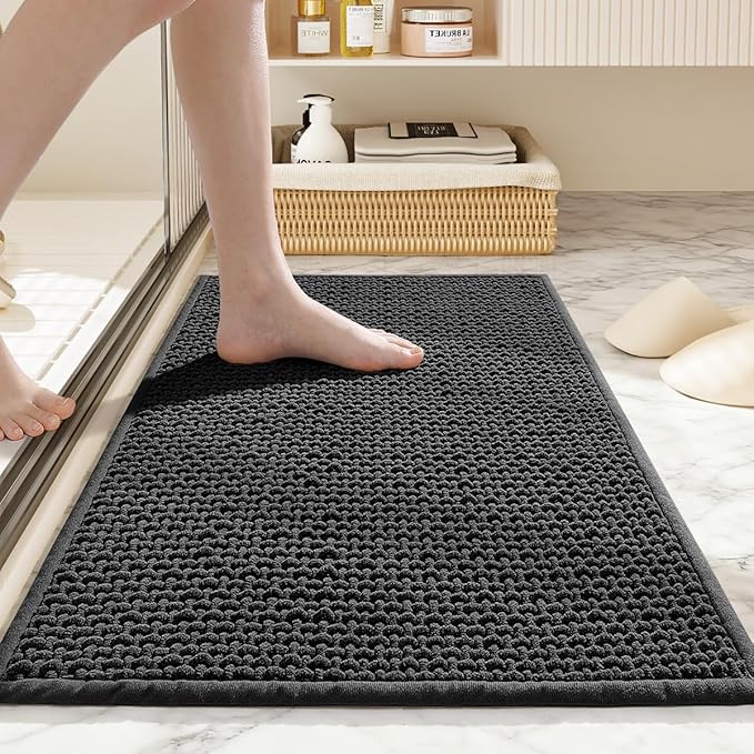 Bathroom Rugs Non Slip Washable, Super Absorbent Thin Bath Mat for Small Quick Dry Low Pile Bathroom Rug, (Black, 24″x16″)
