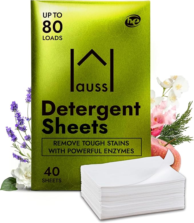 Hauss-Biodegradable Detergent Sheets - 80 loads - Tackles Tough Stains & Odors, Plant Formula, No Animal Testing, Plastic and Toxic Free, Lasting Fragrance, 40 sheets